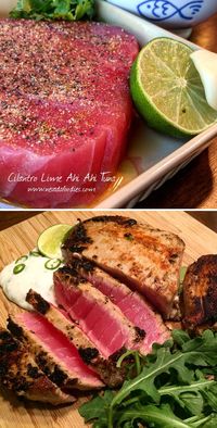 Cilantro Lime Ahi Seared Tuna: Lime juice, cilantro, garlic, paprika, cumin, pepper and olive oil. (Sauce: fat free sour cream, cilantro, jalapeno and a splash of rice wine vinegar)