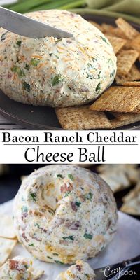 This easy Cheese Ball recipe has the BEST combination of flavors including Ranch seasoning, crispy bacon, cheese, and green onions! #cheeseball #appetizers #ranch #cheese #bacon