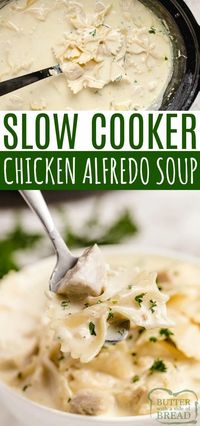 Slow Cooker Chicken Alfredo Soup is smooth, creamy and is made with simple, fresh ingredients. Chicken, milk, cream, garlic and cheese come together to make a soup that tastes just like your favorite alfredo dish...in a delicious soup recipe!