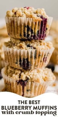 These blueberry muffins with crumb topping are bursting with fresh blueberries and piled high with streusel topping. Make this simple recipe the next time you’re craving a bakery style muffin.