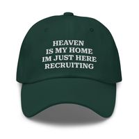 "Heaven Is My Home I'm Just Here Recruiting Jesus Christian Hat, Jesus Pastor Cap, Christian Gifts Funny Priest Religious Embroidered Dad Hat Just like a dessert is always better with a cherry on top, a casual outfit looks better if you're styling it with a classic dad hat. Choose your colors! * 100% chino cotton twill * Green Camo color is 35% chino cotton twill, 65% polyester * Unstructured, 6-panel, low-profile * 6 embroidered eyelets * 3 ⅛\" (7.6 cm) crown * Adjustable strap with antique buc