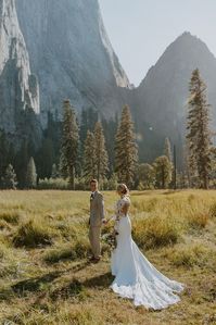 yosemite national park elopement | california elopement locations | adventurous elopement locations | long sleeve wedding dress | tan groom suit | elopement dress ideas