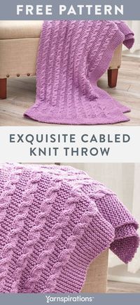 Free Exquisite Cabled Throw knit pattern using Red Heart Super Saver yarn. If you love cables, this easy-knit throw is for you! Cable stitches and garter stitch combine to complete this comfy, knit throw that adds fresh color and texture to your favorite relaxing spot. #yarnspirations #freecrochetpattern #crochetthrow #crochetafghan #crochetblanket #cables #cableknit #knitcables #cablethrow #cableblanket #cableafghan #redheartsupersaver #supersaveryarn