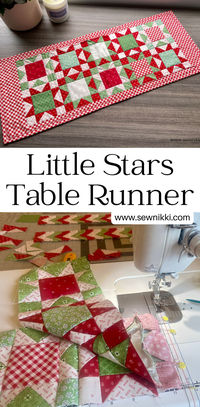 It's never too early to start making gifts for the holidays. Why not try this cute mini table runner or centerpiece? Free pattern and tutorial to make one at a time flying geese sawtooth star quilt blocks. #quilts #tablerunner #holidaytablerunner #freequiltpattern #sawtoothstar