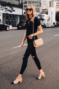 Blonde Woman Wearing Black Short Sleeve Top Black Ripped Skinny Jeans Chanel Diana Tan Handbag Chanel Slingback Shoes Fashion Jackson San Diego Fashion Blogger Street Style