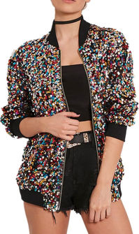 Show off your shimmering “Style” in this '1989' lookalike jacket featuring a colorful sequin exterior topped off with cuffed sleeves that are perfect for rolling up. Plus, you can rewear it again as a Taylor Swift-inspired Halloween costume!