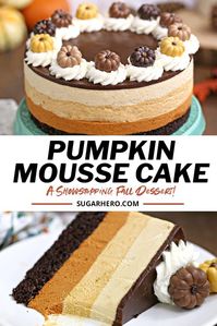 Aug 16, 2020 - Pumpkin Chocolate Mousse Cake - a stunning 4-layer dessert with chocolate cake, cinnamon mousse, pumpkin-butterscotch mousse, and salted caramel mousse! | From SugarHero.com