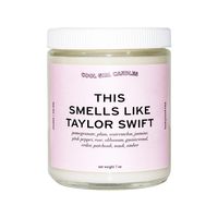 THIS SMELLS LIKE TAYLOR SWIFT. Scent has notes of guaiacwood, pink pepper, patchouli, amber, cedar, pomegranate, and florals. 7oz.Approximately 40 hour burn time.3" x 3" x 4".Hand poured.Coconut & Soy Wax.100% Cotton Wick.Vegan & Cruelty-free. Always trim your wick to 0.125". For optimal performance, burn your candle for 3-4 hours the first time your burn it. Never burn a candle unattended. Do not burn on or near anything flammable. Never burn your candle for longer than 4 hours without trimming