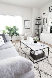 Monochrome living room neutral space black and white frames indoor plants grey couch sofa natural light west elm rug