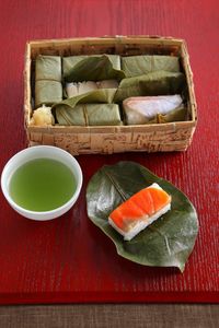 [Kakinohazushi] Kakinohazushi is a a kind of Sushi which has slice of mackerel, salmon and small snapper on top of sushi rice pieces. This is wrapped by leaves of Kaki (fruit) and pressed. Nara prefecture.