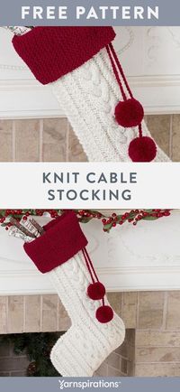 Free Knit Cable Stocking using Red Heart Super Saver yarn. Kick off the holiday season with a festive project that's Santa-approved! Elegant Aran stitches create this classic, knitted Christmas stocking that's perfect for the whole family. It's easy to customize in almost any color combination you can imagine. The generous size makes room for lots of treats 'n' toys too! #Yarnspirations #FreeKnitPattern #KnitStocking #ChristmasDIY #HolidayStocking #RedHeartYarn #RedHeartSuperSaver