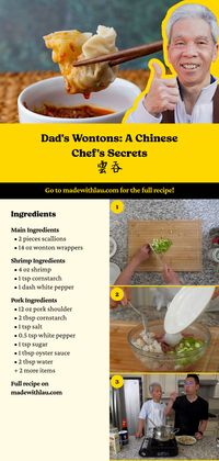 Discover the art of making authentic Cantonese wontons—comfort food for the soul! This recipe is a treasure handed down by my dad, a chef with over 50 years of Chinese cooking experience and two James Beard Awards. With juicy pork, succulent shrimp, and scallions wrapped in delicate wonton wrappers, you can have these ready in just 60 minutes. Follow our step-by-step guide to fold and freeze them for later. Save this pin to tantalize your taste buds and get the full recipe on our blog!