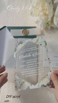 This .04" lavender flower acrylic wedding invitation with emerald green outer envelope is much budget friendly for the bride and the groom. DIY wedding idea is blank vellum jacket and bellyband, and gold adhesive wax seal, making the acrylic invitations more unique and amazing!!! by claritynco