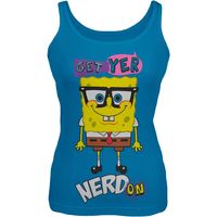 Spongebob dons his finest geek shades in a Get Yer Nerd On graphic on the front of this blue juniors tank top from Nickelodeon. Made from ribbed 100% cotton.