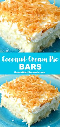 *NEW* These Coconut Cream Pie Bars have a rich coconut cream filling set in an easy press-in delicious cookie crust! Big Family Gatherings and Potluck perfect! #CoconutBars #CreamPieBars