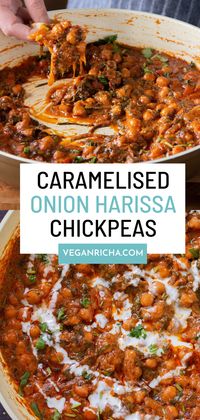 Harissa chickpeas is a super quick, one pan meal with lots of caramelized onions, greens, and chickpeas in a creamy, spicy sauce.