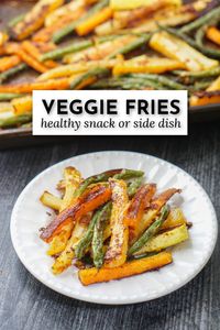 These Parmesan garlic veggie fries are a tasty side dish or healthy snack and a healthy alternative to potatoes. Oven roasted and topped with salty cheese make these a delicious and healthy dish! ou can also make this healthy vegetable fries recipe in the air fryer!