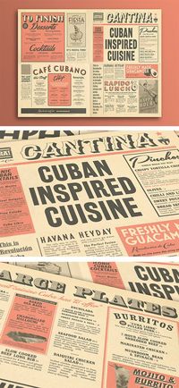 Typography  Cuban Cantina Newspaper Style Food Menu Design. Graphic Design Typography Illu