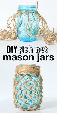 Looking for fun and easy projects to make? These DIY fishnet mason jars are so cute! Great little luminaries for a beach themed room. Fill them with sand, shells and a battery operated tea light. Looks really cool in a bathroom. If you're looking for beach themed crafts, these DIY mason jars are perfect for older kids, teens and adults to make. Great for a rainy day! Definitely a boredom buster that gets you away from the tv. #crafts #beach #masonjars #kidskubby