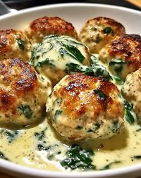 Chicken Ricotta Meatballs with Spinach Alfredo Sauce