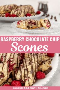 Fresh raspberry chocolate chip scones are a delicious treat to make for breakfast, brunch, or tea! Freezer friendly, and you can use fresh or frozen fruit in this easy scone recipe. * Recipe on GoodieGodmother.com #breakfastideas #bakingrecipes #scones #brunchfood #dessertrecipes #freezerfriendly #makeahead