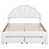 This upholstered platform bed is simple and stylish. The headboard adopts a shell shape and is equipped with LED lights, which is both practical and beautiful. 2 drawers provide extra storage space for your belongings. The entire structure is made of solid wood and MDF, so it is designed for long-term use. Specifications Size: Full/Queen. Material: PU+Pine Wood+MDF. Bed Recommended Mattress Thickness: 8-10". Full Bed Weight Capacity: 400 LBS. Full Overall Dimension: 56.2'' x 78'' x 45'' (D x W x