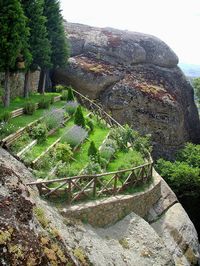 Spectacular suspended cliff garden in Meteora, Greece.