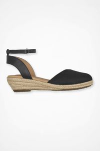 Sleek mini-wedge sandals have crossover, closed toes of stretch fabric and leather hook-and-loop ankle straps. | Women's "Nola" Espadrilles by Me Too - Flax - 6