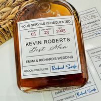 "Groomsmen proposals are all the rage and these custom labels are perfect for asking your best man, groomsman, ushers and officiant to stand with you on your wedding day!  (LABEL ONLY, whiskey not provided). >>  RUSH MY ORDER ADD ON FEE - FOLLOW LINK BELOW FOR INSTRUCTIONS<<       https://www.etsy.com/listing/743684405/rush-my-order-service-fee? WHAT YOU WILL RECEIVE   Quantity: Selection made by customer   > 750mL Label - 4.0\" x 4.0\" - will fit standard 750mL Reserve bottles   > 375mL Label - 3.5\" x 3.0\" - will fit standard 375mL Reserve bottles PERSONALIZATION Provide the groom, groomsmen, best man & usher names, date and any additional information in the \"personalization box\". Need a different size, shape or quantity, want to have it say something different or don't see exactly wh