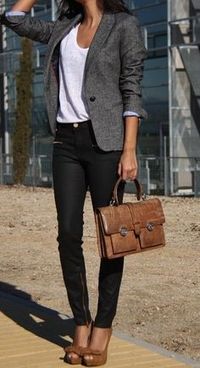 I like the look of the blazer with a casual T and trendy bottoms. Mixing in the brown shoes and bag makes for a unique look.