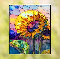 Faux Stained Glass Mosaic Sunflower Deluxe WINDOW CLING "SUNFLOWER" glows beautifully on glass windows and doors from the sunlight. SIZE: 8" by 9.5" New as of August 20th: Thick, glossy WINDOW CLINGS that sparkle like glass. With vibrant color on the front and back side. The new recipe creates a light reflective, glistening effect. * Vibrant, translucent color with high resolution. * Repositionable * Homemade/Handmade ~ Made-to-order with love and care in the U.S.A. * SUPER easy to apply. Ready