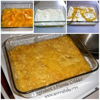 3 Ingredient Peach Cobbler in 3 Minutes Recipe - Large can of peaches, 1 box of yellow cake mix, 1 stick of butter