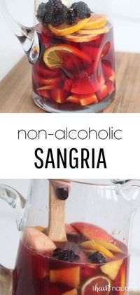 A fresh and fruity non-alcoholic sangria recipe that makes the most refreshing drink for any event! Not to mention that it looks absolutely beautiful. This will quickly become your new favorite virgin drink! #sangria #sangriarecipe #nonalcoholic #nonalcholicsangria #drinks #drinkrecipe #beverages #mocktails #fruit #recipes #iheartnaptime