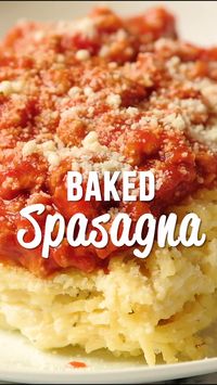 Baked Spasagna – lasagna and spaghetti in one! Baked pasta with mozzarella, ricotta, sour cream, half-and-half and parmesan. Topped with a quick meat sauce. SOOO good! Makes a great freezer meal too. Perfect for a potluck! #casserole #spaghetti #lasagna #potluck #freezermeal