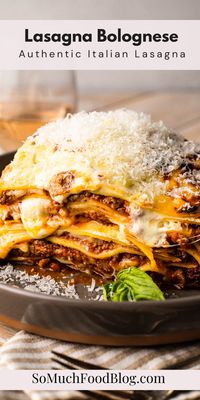 The BEST Lasagna Bolognese! Layers of lasagna noodles baked with alternating layers of slow-cooked Bolognese sauce, bechamel, mozzarella, and Parmesan cheese.