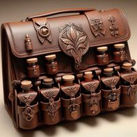 Thalia created a pottion satchel using local animal leather and a preservation spell. It contains potions like healing elixirs, poison antidotes, and calming tonics, each labeled with a purpose. The satchel's organization allows quick access to potions during battle, enabling Thalia to provide immediate assistance to her allies.