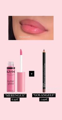 Go to my page and click the bord 'NYX Lip Combo' for more! lip products (lipliner - lipgloss) from NYX lipliner in color "los angels" and NYX butter gloss in "merengue".