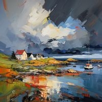 An evocative print captures the raw beauty of Gairloch Harbour amidst a brewing storm. Vivid brushstrokes and a dynamic interplay of light and shadow bring a sense of movement to the sky, where tumultuous clouds in shades of grey, blue and hints of warm gold seem to echo the wild spirit of the Scottish coast. The water beneath mirrors this drama perfectly, reflecting both the turmoil above and the calm of the harbour, in a breathtaking dazzle of colours. In the foreground, the rugged charm o...