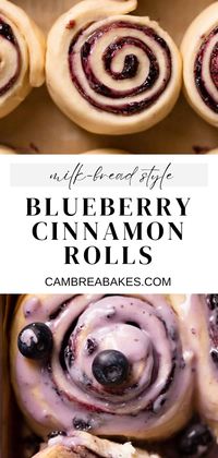 These blueberry cinnamon rolls are homemade cinnamon rolls with a fruity twist! The cinnamon roll dough is filled with blueberry jam and topped with blueberry cream cheese frosting. You will love these blueberry rolls for any breakfast occasion!