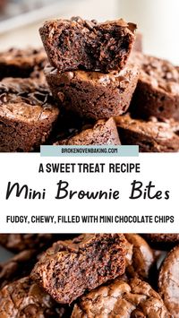 This mini brownie bite recipe is fudgy, filled with mini chocolate chips, and gone in two bites (but that just means you can eat more, right??) With the melted chocolate, cocoa powder, and mini chocolate chips, they have the perfect chocolatiness! For more great chocolate filled dessert ideas and sweet treat baking recipes be sure to stop by Broken Oven Baking Company. #brownietreats #chocolatedessert