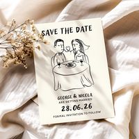 Hand Drawn Bride and Groom Save the Dates (A6 size 148mm x 105mm) ------------------------------------------------------------------- ✎ PERSONALISING USING OUR DESIGN TEAM ------------------------------------------------------------------- Place your order for the amount you require and choose your envelope colour. Once you have placed the order contact us via email or etsy message with your information. Our graphic design team will then get started on your order and make any changes required fo