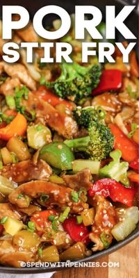 Pork Stir Fry uses browned pork and fresh veggies smothered in a sweet & savory sauce. Make an extra batch to take to work or school for lunches! #spendwithpennies #porkstirfry #recipe #maindish #stirfrysauce #easy