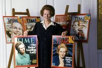 Mrs Thatcher with her TIME magazine front covers, 1983.