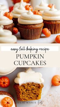 If you are searching for new dessert recipes to try this fall, look no further. Julie Marie Eats is sharing an easy homemade pumpkin cupcakes recipe. They have the softest pumpkin cupcake with the most tender crumb, that is topped with a smooth brown sugar cream cheese frosting. This recipe is perfect for any pumpkin lover. Follow for more cupcakes recipes and fall desserts.