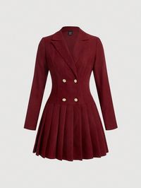 Burgundy Elegant Collar Long Sleeve Woven Fabric Plain  Embellished Non-Stretch  Women Clothing