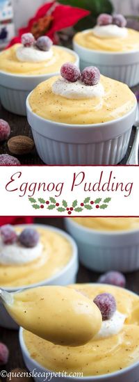 This sweet and creamy Homemade Eggnog Pudding is the best way to use up any extra eggnog from your holiday celebration! Top it off with sweetened whipped cream and sugared cranberries for a yummy and festive holiday treat!