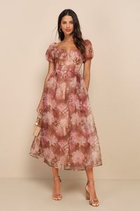 Lovely Statement Light Brown Floral Organza Tie-Back Midi Dress