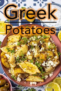 There are roast potatoes, and then there are roast Greek Potatoes. This recipe is next level. Delicious new potatoes coated in olive oil, lemon juice and greek herbs and baked to perfection before getting a sprinkling with feta and fresh thyme. This easy side dish is a perfect addition to any BBQ or picnic this summer.  #potatoes #sidedish #bbq #greekrecipe