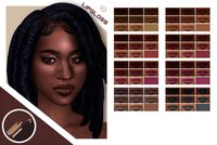 Another lip kit based around Melanin Pack 2 by @xmiramira​.  Standalone (Base Game Compatible)  Makeup slider compatible (Opacity | Hue | Brightness | Saturation)  64 swatches (7 base colors w/ 8 EA...