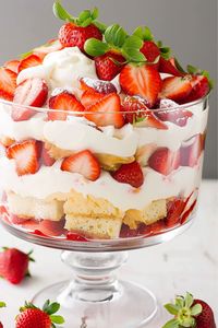 This quick and easy strawberry shortcake trifle is a layered dessert dream with juicy strawberries, fluffy cake, creamy pudding, and fluffy whipped cream.